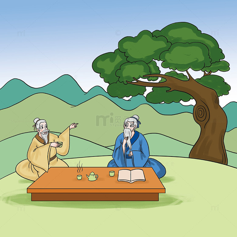 两位老者树下对坐品茗插画