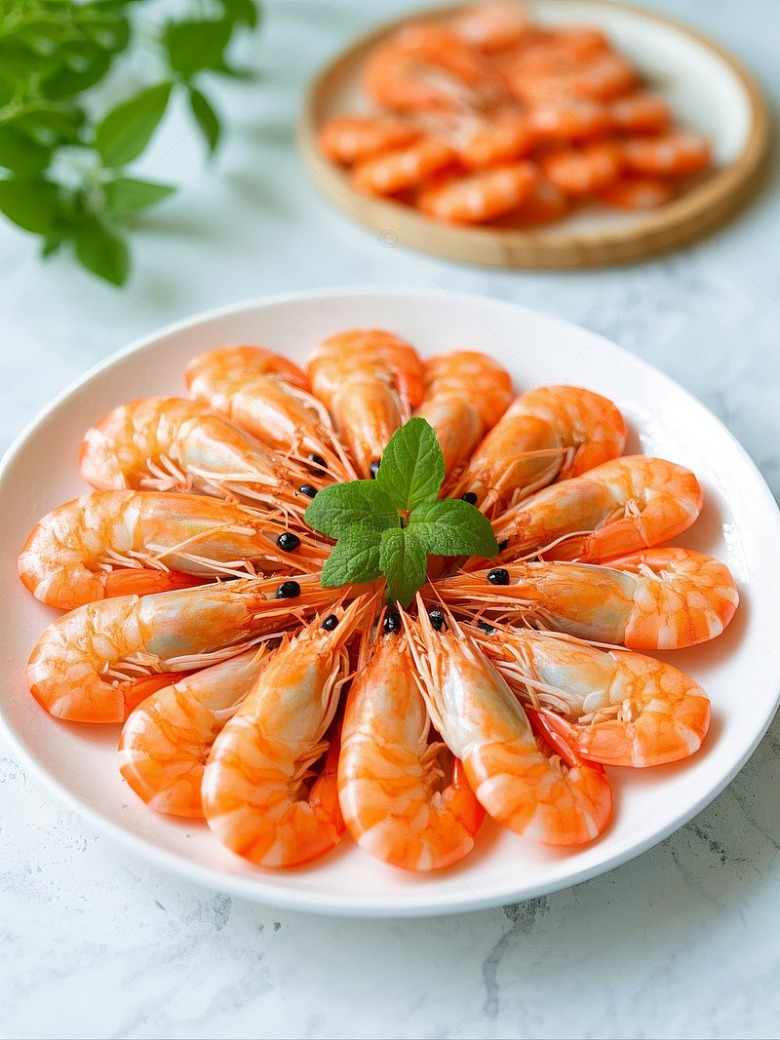 一盘白灼虾在餐桌上配绿叶衬托