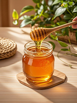 木勺从玻璃罐取出蜂蜜