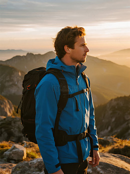 男子在山间徒步旅行