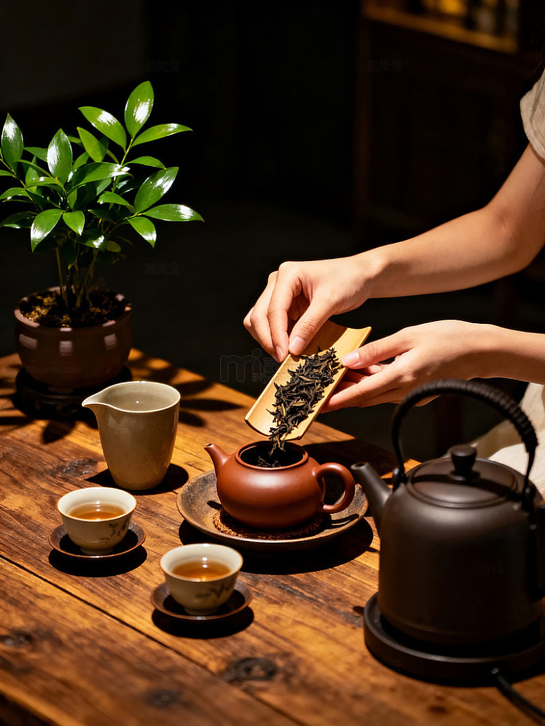 茶桌正在泡茶的场景和茶具