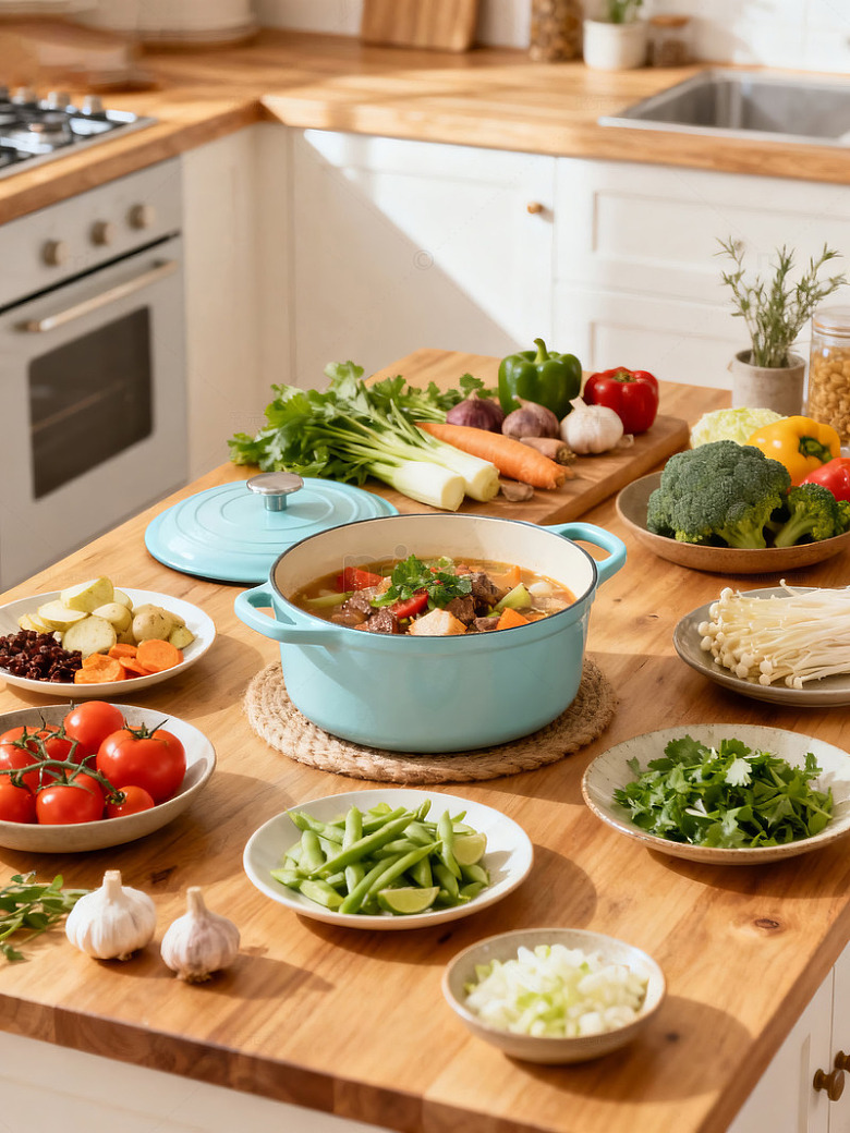 厨房食材准备与炖菜美食拍摄