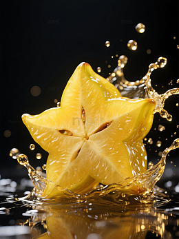 新鲜杨桃切开落入水中溅起水花