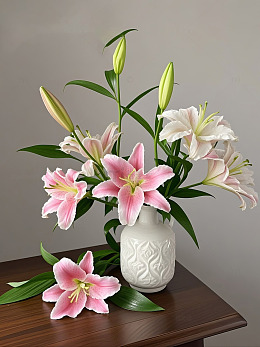 粉色的百合花盛开置于白色花瓶中
