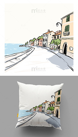 手绘简笔路景抱枕插画
