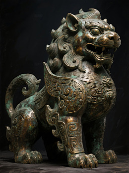 博物馆中的青铜狮子雕塑