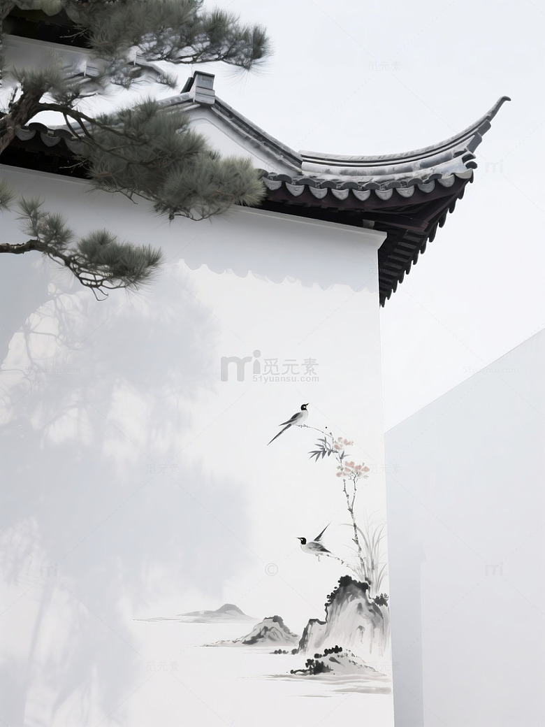 中式白墙黛瓦与松树水墨画背景