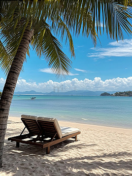 热带海滩棕榈树下躺椅