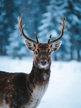 雪地中带角的雄鹿