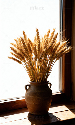 麦束陶罐窗台留白