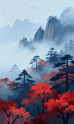 蓝灰薄雾红黄山林1