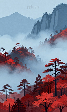 蓝灰薄雾红黄山林