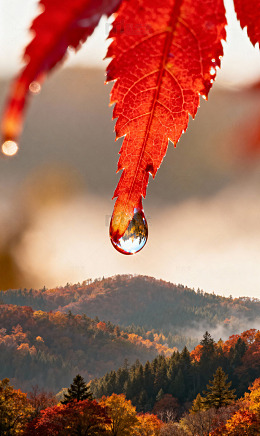 枫叶露珠折射秋林