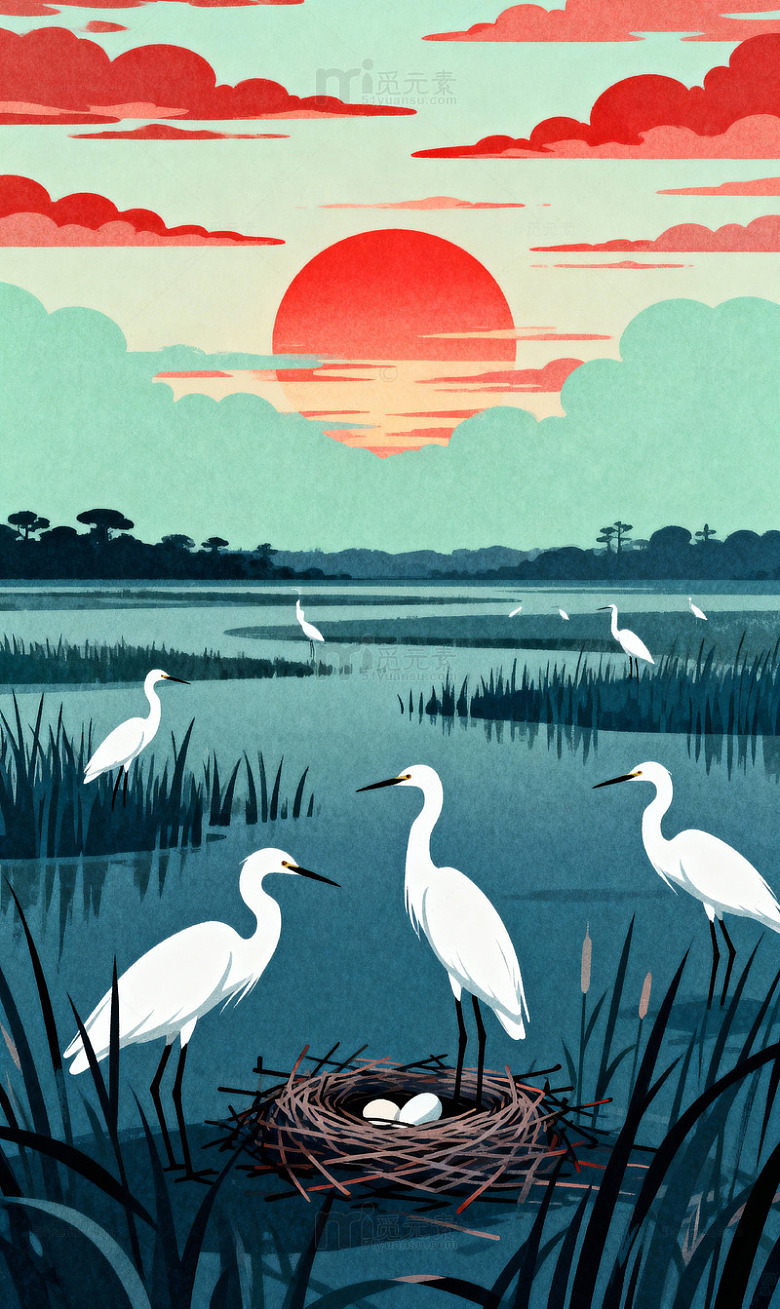 白鹭湿地残阳暖色