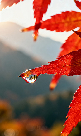 枫叶露珠微距秋景