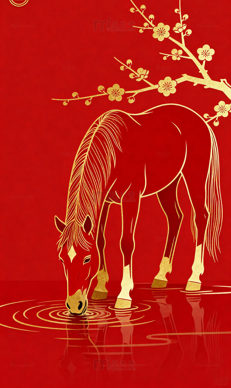 红底金马饮水梅枝影