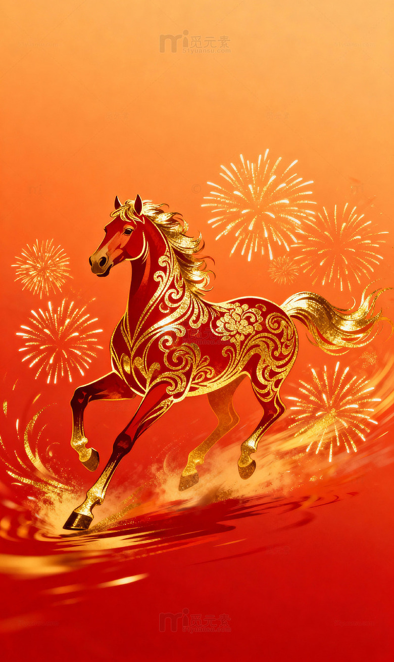 橙红金马烟花庆