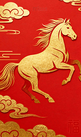 红底金线侧身奔马