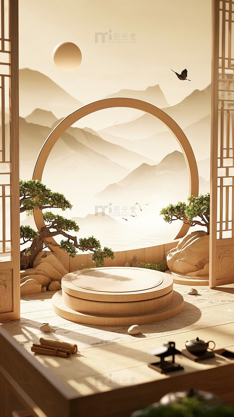 新中式木质产品展台背景