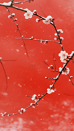 绛红角落梅枝映雪