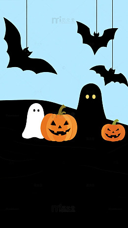 蓝天蝙蝠幽灵万圣节趣味场景图