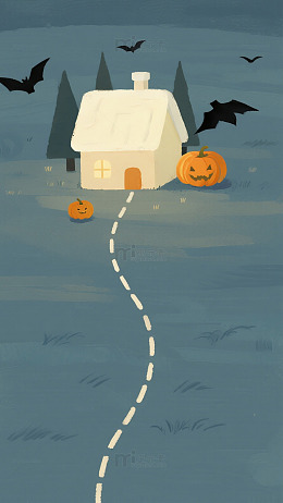 小屋南瓜蝙蝠万圣节温馨场景图