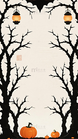 米色背景枯树灯笼万圣节背景图