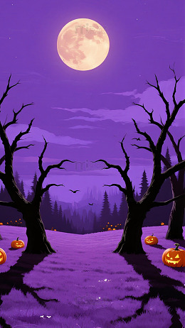 紫色夜空圆月枯树万圣节背景图