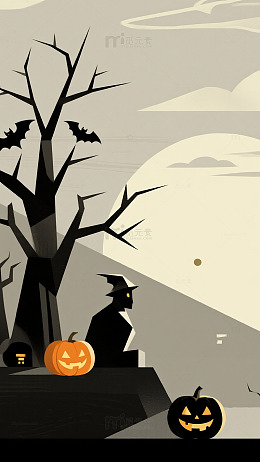 浅灰天空枯树蝙蝠万圣节背景图