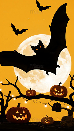 万圣节月夜黑猫蝙蝠神秘背景图