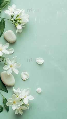 浅绿色底白花石头自然背景图
