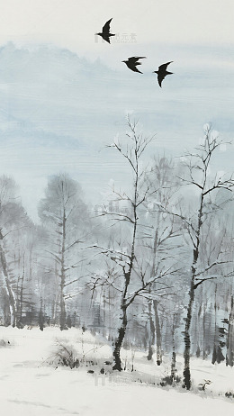 冬日飞鸟枯树清冷背景图