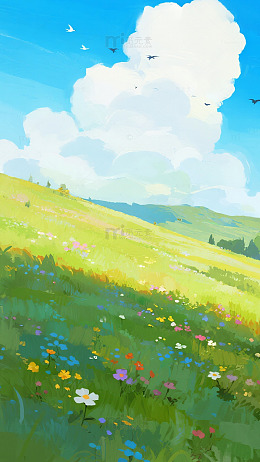 蓝绿田园天空清新背景图