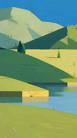 青绿山水田园风景背景图