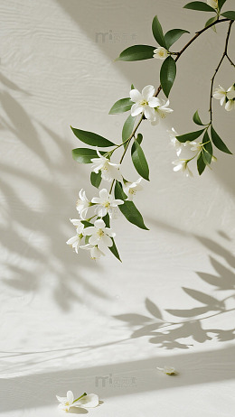 浅灰底白花枝叶清新背景图