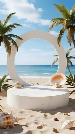 蓝天棕榈树白色拱门度假风电商活动展台背景