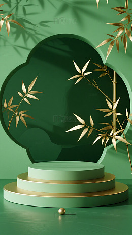新中式绿底竹叶云形框电商活动展台背景