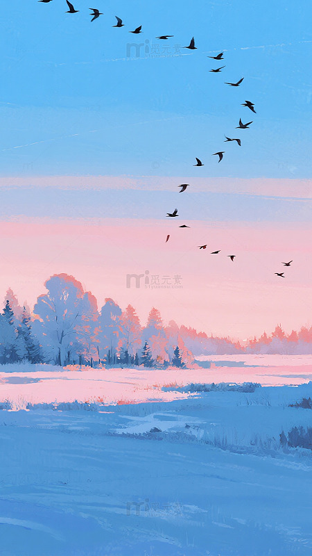 粉蓝渐变天空飞鸟自然背景图