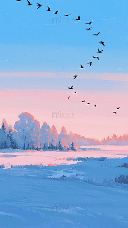粉蓝渐变天空飞鸟自然背景图
