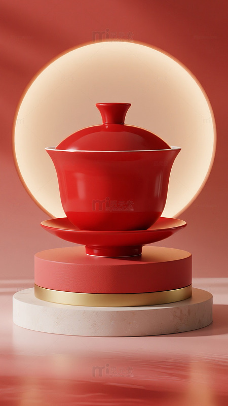 红瓷盖碗暖光中式电商活动展台背景