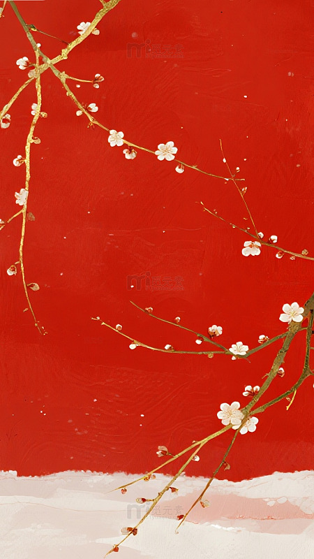 红底梅花枝条中式雅致背景图