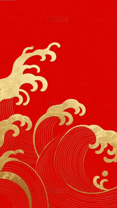 红底金色浪花国潮背景图