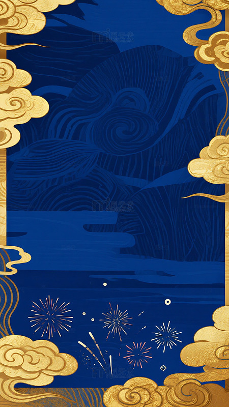 蓝金海浪云纹国潮背景图