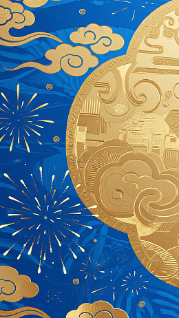 蓝色底金色云纹建筑烟花图