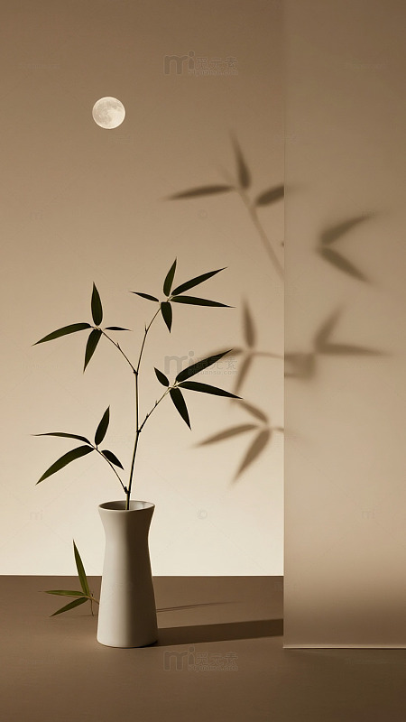 棕底月影竹枝禅意东方意境图