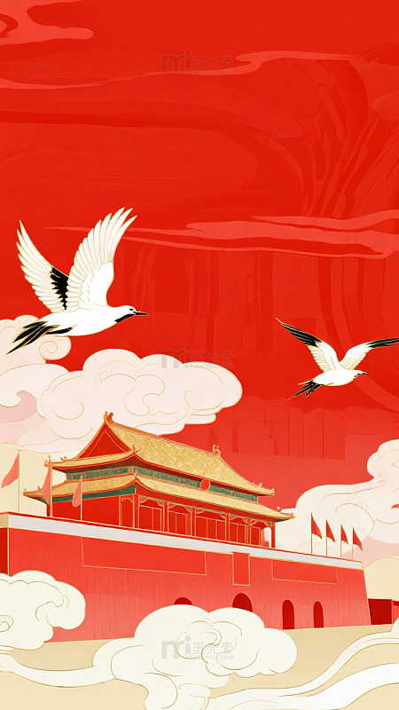 白鹤红色水纹国风背景图