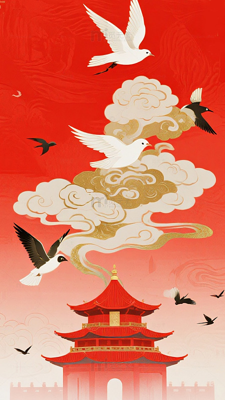 白鹤祥云红色国风背景图