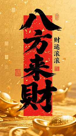 金色八方来财手机壁纸传统文化背景