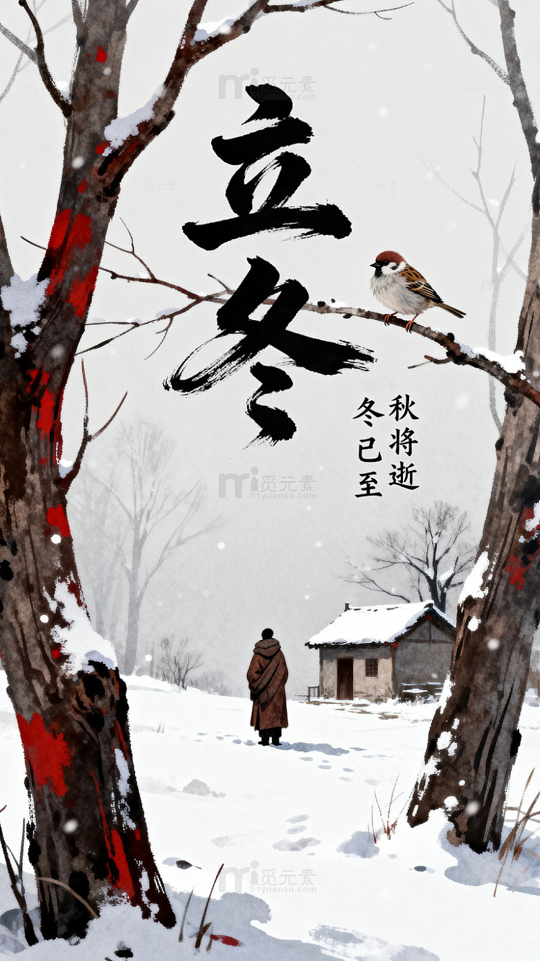 水墨风立冬节气雪景插画1