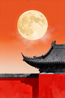 古风圆月红墙夜景